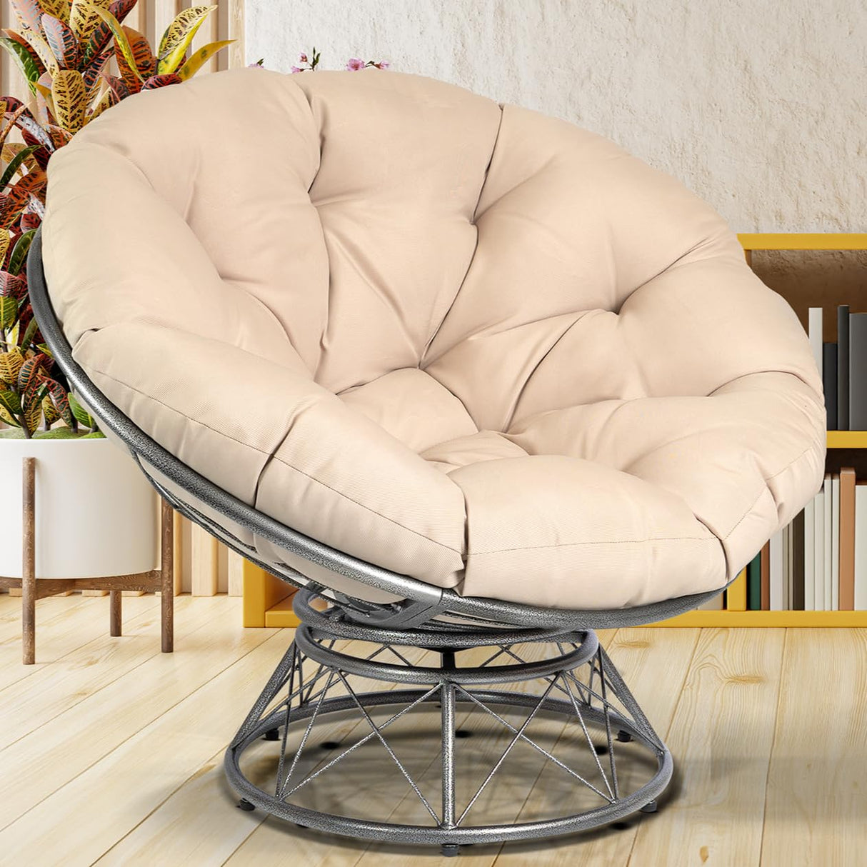 HomeVie 45'' Oversized Swivel Papasan Chair with Cushion and Frame – 7'' Thick Padded Seat + 1.75'' Support Pad, 450 lbs Capacity – Rotating Papasan Chair Frame – Suitable for Bedroom, or Reading Nook HomeVie