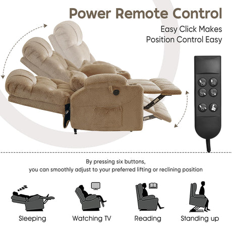 ABCASA Oversized Dual Motor Lay Flat Power Lift Recliner Chair with Massage, Heating, Lumbar Pillow, USB & Type-C Ports, Textile Lift Chairs Recliners, Large Recliner for Big & Elderly People - Beige ABCASA