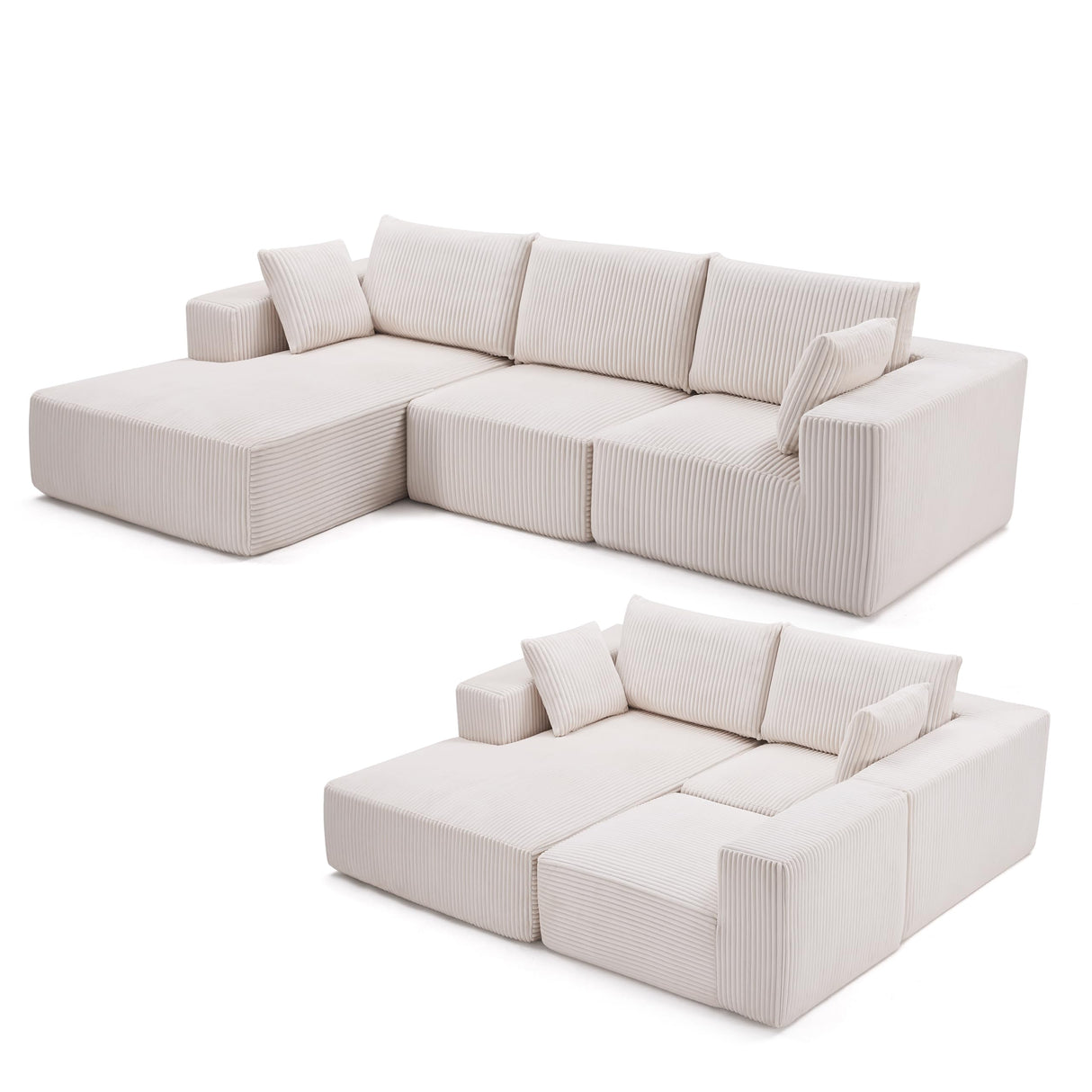 Huatean Home 108” Modular Sectional Sofa, Sponge Sectional Sofa Couch for Living Room, Modular L-Shape Sofa Couch with Chaise, Ivory Huatean Home