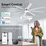 72 lnch lndustrial Smart Celing Fan with Light and Remote Control via WIFI Alexa,Large Celing Fan with 8 Brushed Nickel Aluminum Blades,6 Speed Noiseless DC Motor Indoor Outdoor Ceiling Fans for Patio Minislak