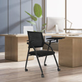 Kreiaoer Folding Office Chair with Tablet and Caster Wheel, Mesh Guest Reception Chairs with Arm, Rolling Chair for Office, School, Training Conference Waiting Room (Black) Kreiaoer