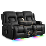 TUNYI Power Loveseat Recliner Sofa, Faux Leather Reclining Sofa with Console RV Reclining Loveseat Couch with USB/Outlet/Storage/Side Pocket/LED Light/Speaker (Black, Loveseat) TUNYI
