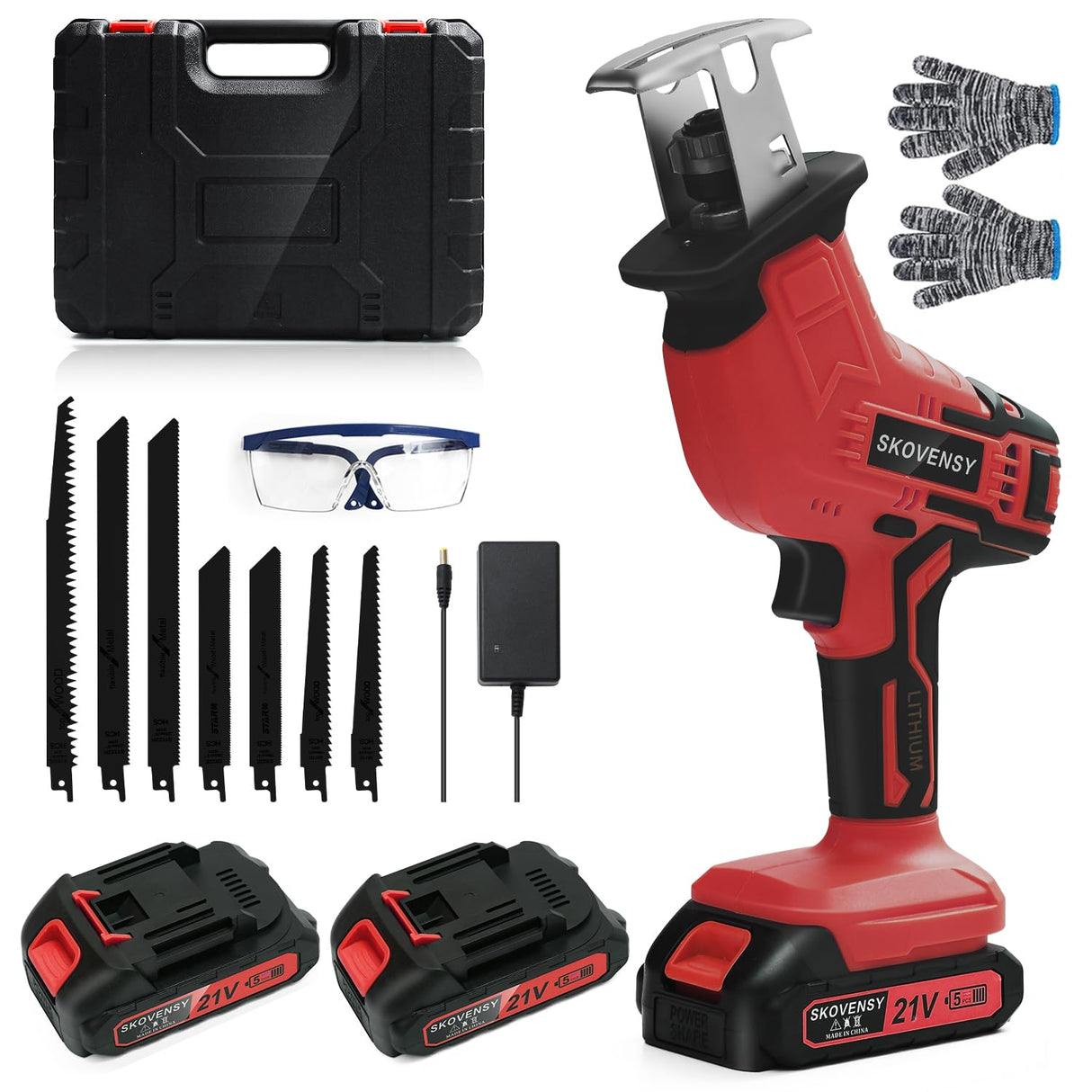 Cordless Reciprocating Saw for Home & Outdoor Use, 2×2.0Ah Batteries, Variable Speed, Red Compact Saw Kit with Blades for Wood/Metal/PVC Cutting – Ideal for DIYers & Gardeners in All Seasons SKOVENSY