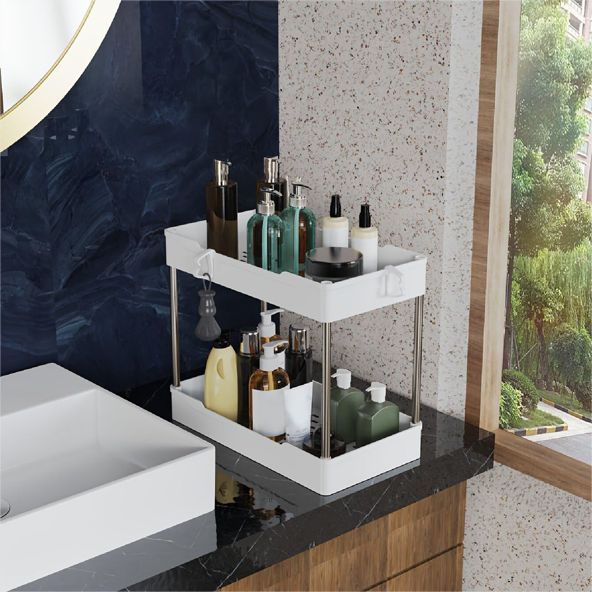 JYSMYWS 3 Pack Under Sink Organizers and Storage, 2 Tier Bathroom Cabinet Organizer Shelf with Hanging Cups for Kitchen & Bathroom (White) JYSMYWS