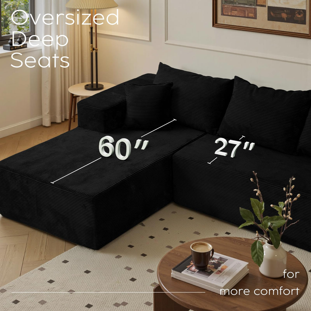 Black Sectional Couches for Living Room, Boneless Couch with L-Shape Chaise, Modular Sofa in Box with Deep Seat, No Assembly Required SIMTONAL
