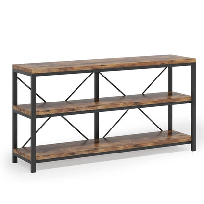 55 Inches Long Sofa Table with Storage Shelves, 3 Tiers Industrial Rustic Console Table with Open Shelves, Three Decorative Shelf, Open TV Shelf for Living Room, Hallway, Book