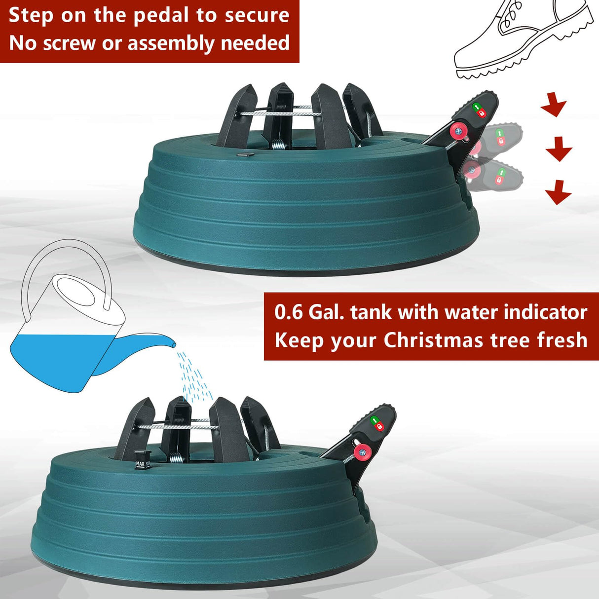 JILUVA Christmas Tree Stand with Water Reservoir, Foot Press Easy Setup, Fits up to 6 Ft Real Tree with 5.1" Diameter, Equipped with Water Level Indicator, No Assembly Needed JILUVA
