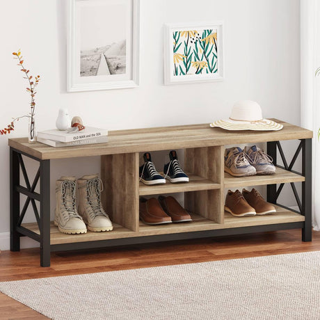 FATORRI Shoe Bench Entryway with Storage, Industrial Wood and Metal Hallway Benches with Adjustable Shelves, Rustic Entry Way Bench for Living Room (47.24 Inch Long, Rustic Oak) FATORRI