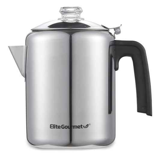 Elite Gourmet EC008X Classic 8-Cup Stovetop Coffee Percolator Glass Clear Brew Progress Knob, Cool-Touch Handle, Stainless Steel