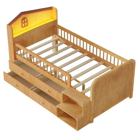 Kids Loft Bed with LED Lights,Wooden Low Loft Bed Twin with House Shape Headboard, 4 Storage Drawers and Stairs for Girls Boys,No Box Spring Needed, Natural Mirightone