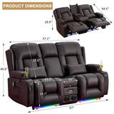 URRED Power Reclining Loveseat Sofa with Console, RV Couch Loveseat Recliner Sofa with Massage & Heat, LED Light, Cupholders, Bluetooth Speakers, USB Charge Ports, Outlets, Faux Leather, Dark Brown URRED