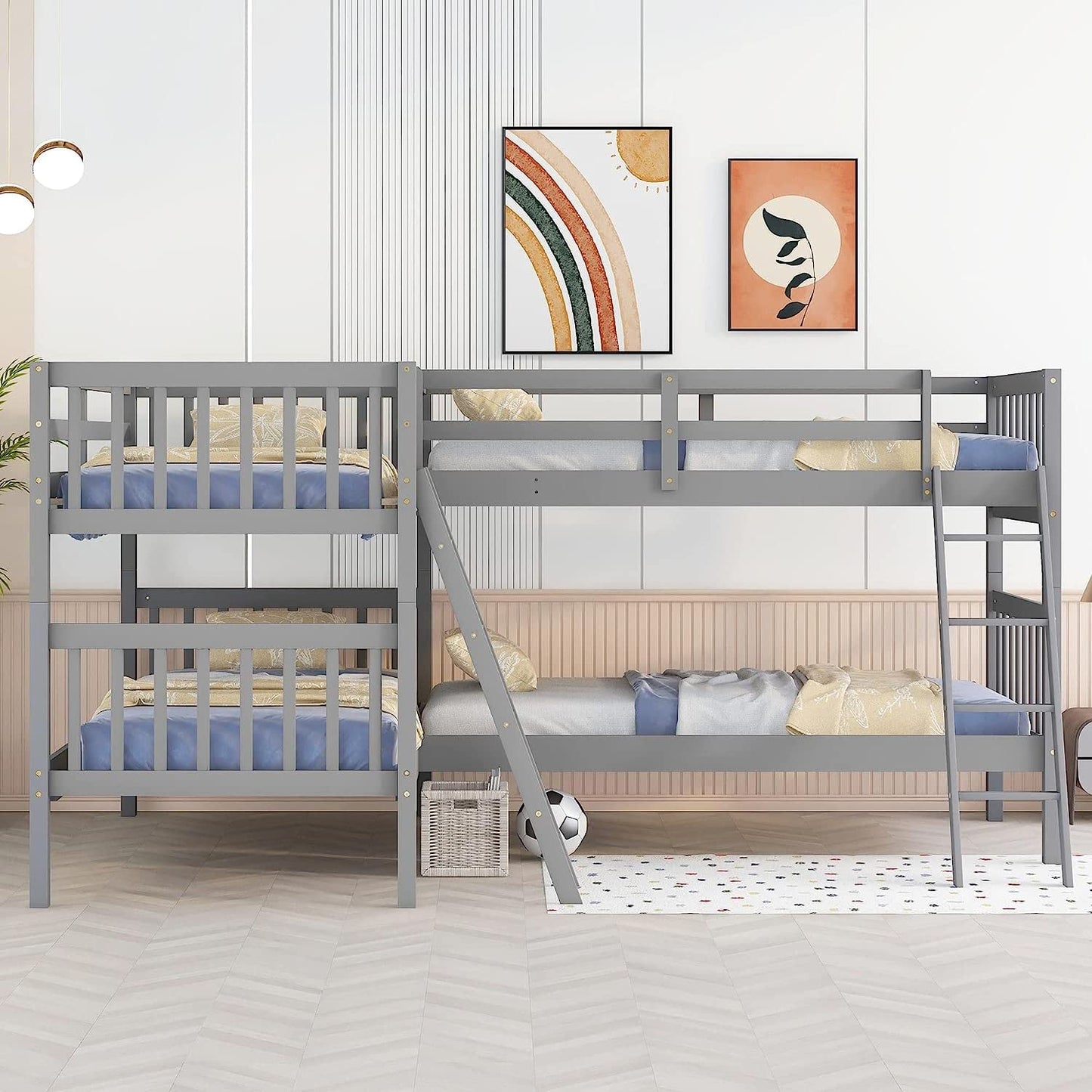 MERITLINE L-Shaped Quad Bunk Bed, Four Bunk Bed Twin Over Twin with Angle Ladder,Wooden Corner 4 Bed Bunk Bed for Kids, Teens, Adults, No Box Spring Needed (Twin, Grey)