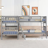 MERITLINE L-Shaped Quad Bunk Bed, Four Bunk Bed Twin Over Twin with Angle Ladder,Wooden Corner 4 Bed Bunk Bed for Kids, Teens, Adults, No Box Spring Needed (Twin, Grey) MERITLINE