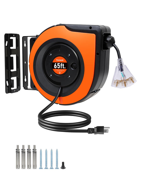 TREEWELL 65FT Retractable Extension Cord Reel, 12AWG/3C SJTOW Heavy Duty Power Cord with Lighted Triple Tap Outlet, 15A Circuit Breaker, 180° Swivel Removable Bracket for Wall/Ceiling Mount, UL Listed treewell