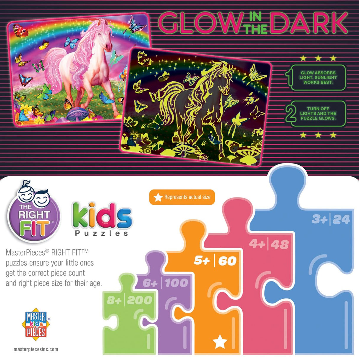 MasterPieces 60 Piece Glow in the Dark Fantasy Puzzle for Kids - Rainbow World - 14"x19" - Screen-Free Fun! Masterpieces