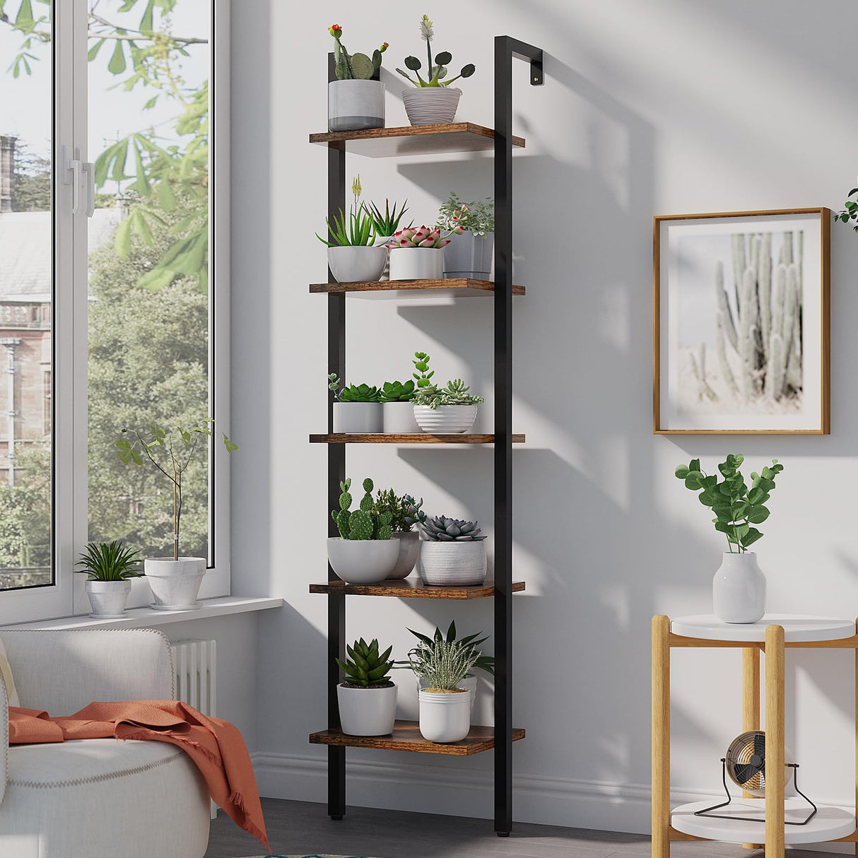 YMYNY 5 Tiers Ladder Bookcase, Industrial Wall Mounted Bookshelf, Open Display Rack with Metal Frame, Wooden Storage Shelves for Bedroom, Home Office, Plant Stand, Rustic Brown, 70*17.3*11.8"UHBC015H YMYNY