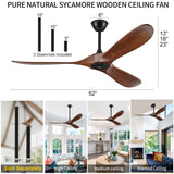 BOOSANT 52" Ceiling Fans Without Lights, Solid Wood Ceiling Fan with Remote Control and DC Motor, Ceiling Fan no Light with 3 Blades, Indoor Outdoor Ceiling Fans for Patios, Bedroom- Dark Walnut BOOSANT
