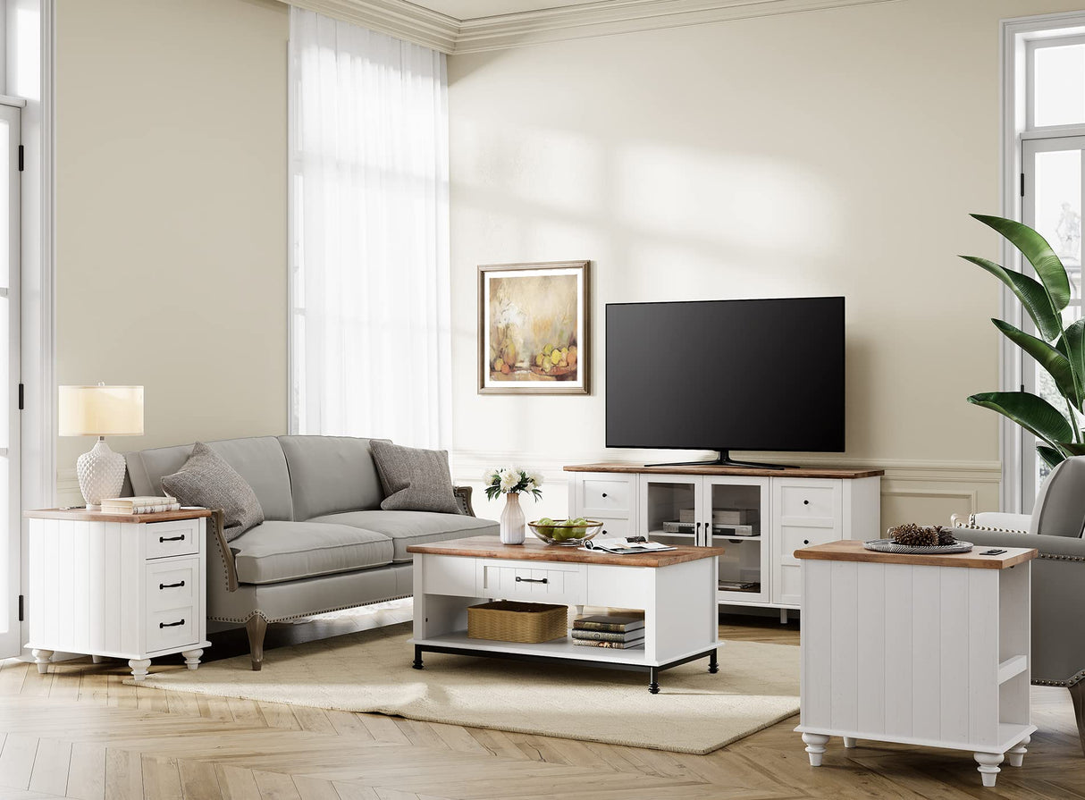 WAMPAT 4-Door Farmhouse TV Stand for TVs Up to 75 inch, Glass and Wood Universal TV Stand with 4 Storage Cabinets, White Entertainment Center for 32-75 inch TV Console Table，White WAMPAT