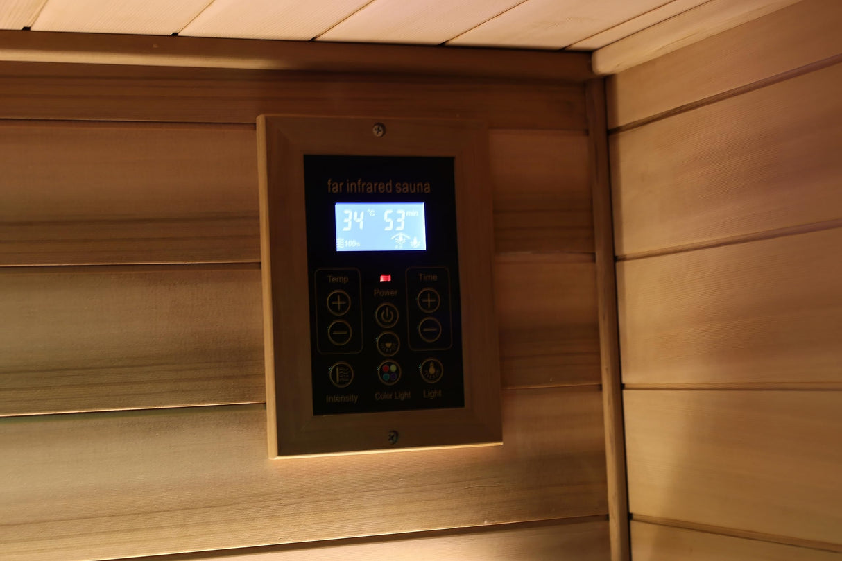 Outdoor Sauna for 4 Person,Applicable Indoors and Outdoors. Far Infrared Sauna 8 Low EMF Heaters, Wooden Sauna Room 2050 Watt, Mahogany Wood, Chromotherapy, Bluetooth Speaker, LCD, LED. Generic