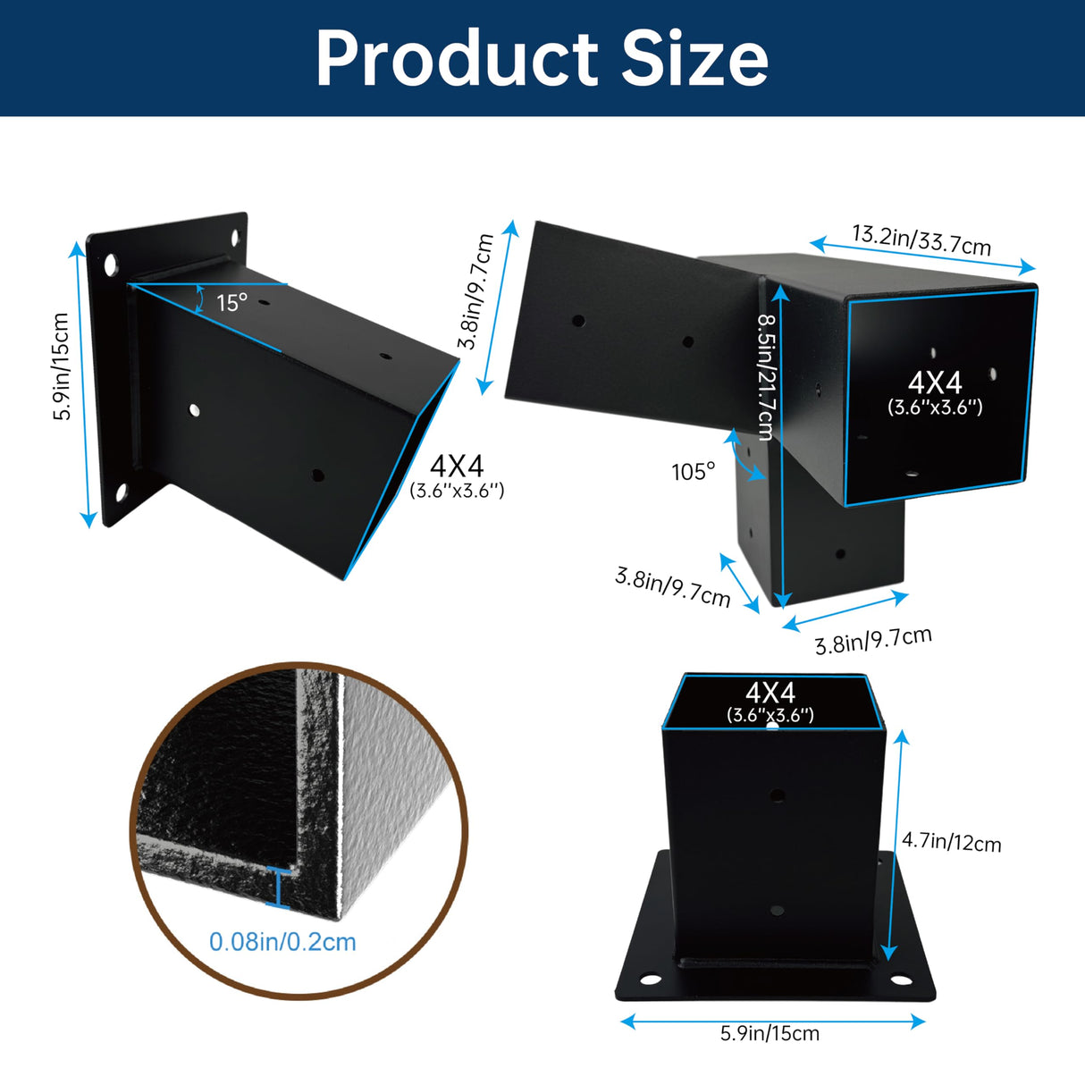 Pergola Bracket Kit 4x4, Including 1 Wall Base, 1 105 ° 4-Way and 1 Bases, 1 Set of Wall Mounted 15° Pitched Roof Mounting Kit for Extension, for Shading Facilities Attached to Walls or Eaves MEWSDEN