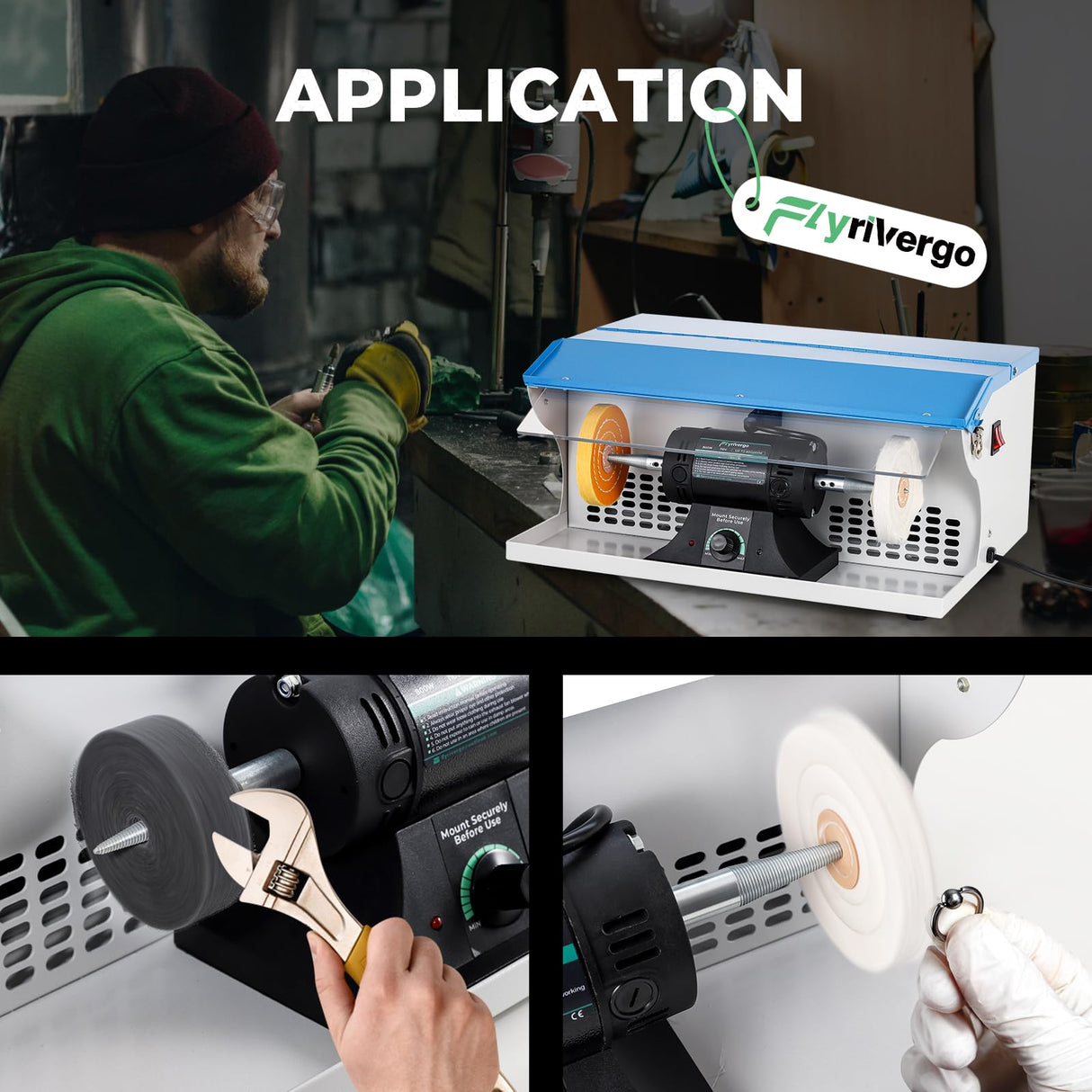 Flyrivergo Jewelry Polishing Machine, Bench Buffer Polisher 800W 110V Adjustable Variable Speed Polishing Machine with Dust Collector, Exhaust Fan Blower, Work Light and Motor Housing for Metal, Wood Flyrivergo