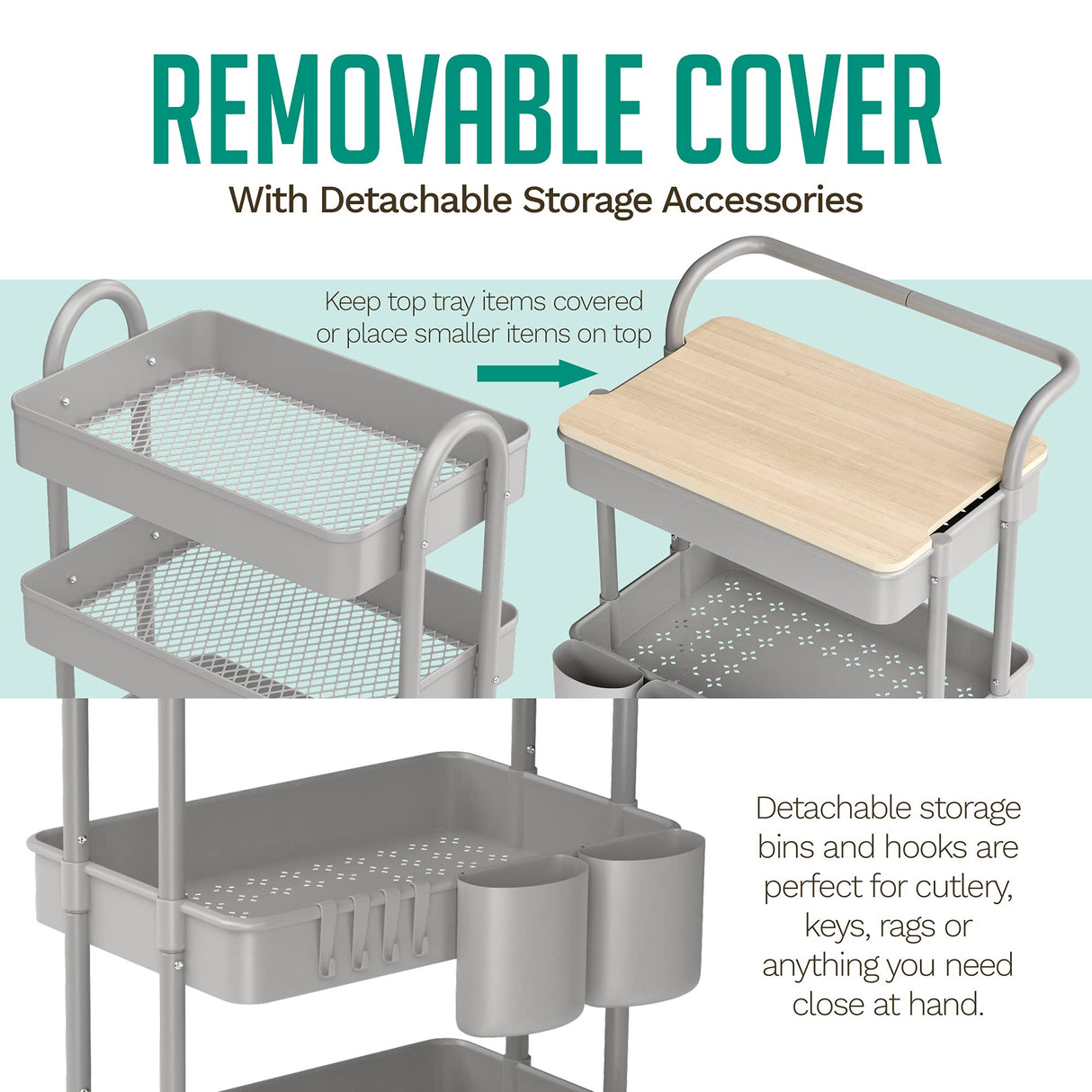 3 Tier Rolling Cart, with Table Top, Rolling Storage Cart with Handles and Locking Wheels, Utility Cart with 2 Small Baskets and 4 Hooks for Bathroom. Office, Balcony, Living Room (Grey) Koolerthings Expansion Wellness