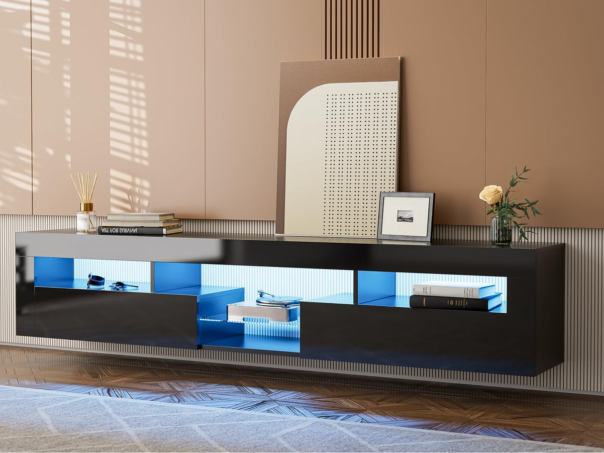 AOVSA LED Floating TV Stand for 85 Inch TV, Black High Glossy Wall Mounted Haning TV Stand with Cabinets, Entertainment Center Console Shelf for Living Room AOVSA