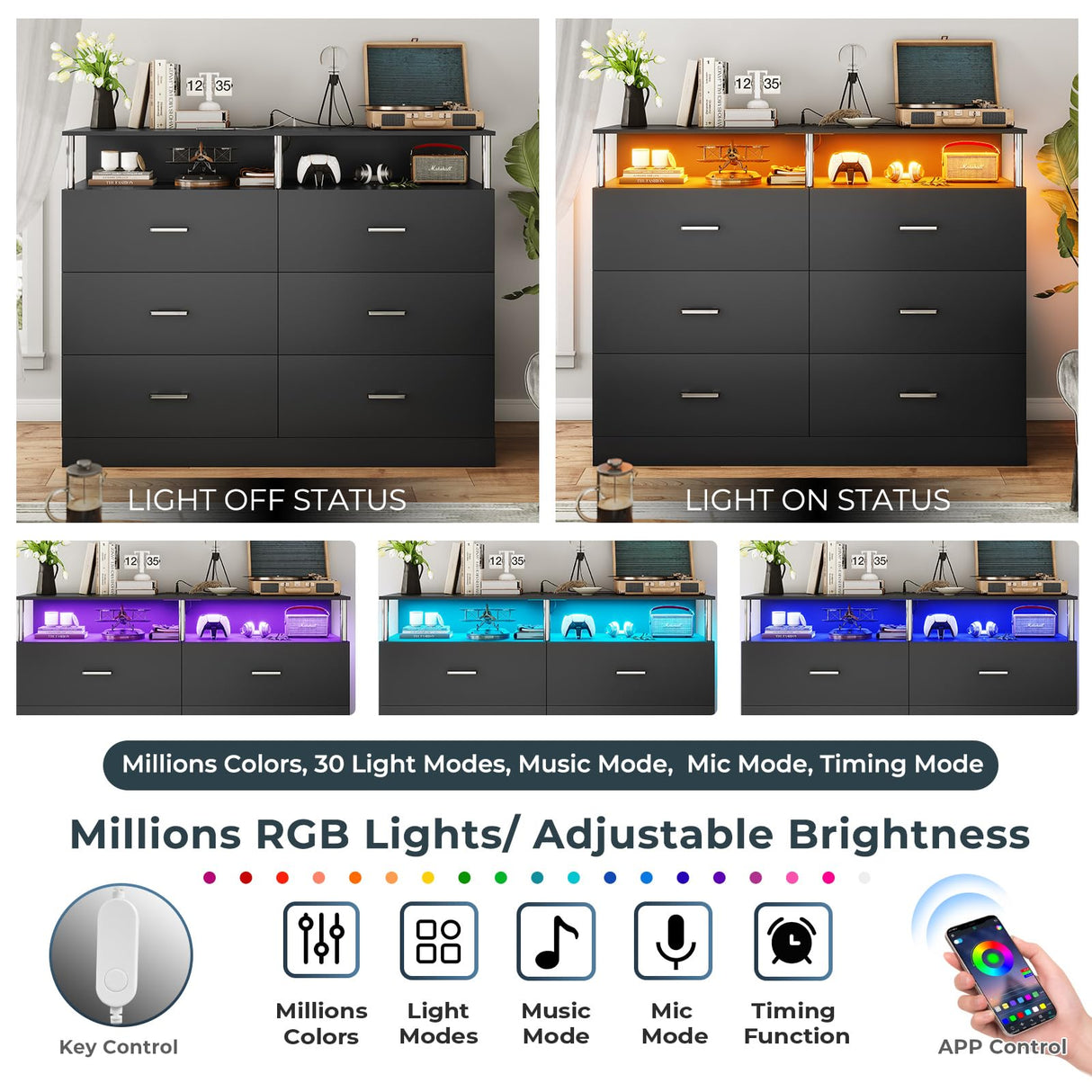 AOGLLATI Black Dresser for Bedroom with 6 Drawers, Dressers & Chests of Drawers with Column Design & Charging Station, Modern Bedroom Led Wide Dresser for Bedroom Closet AOGLLATI