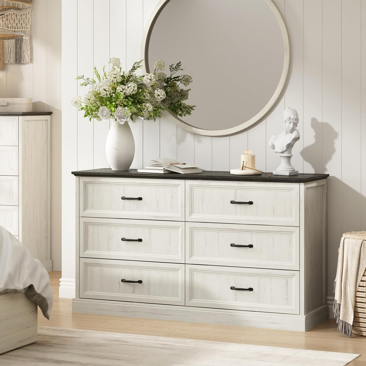 Farmhouse 6 Drawer Dresser for Bedroom, 55 Inch Wide Modern White Dresser TV Stand with Large Drawers & Bar Handles, Rustic Wood Chest of Drawers for Bedroom, Living Room, Hallway, Entryway. CARPETNAL