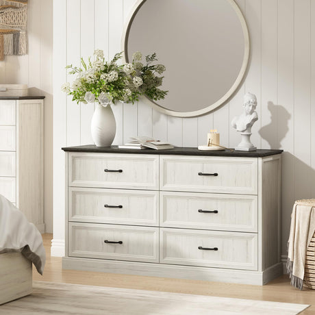 Farmhouse 6 Drawer Dresser for Bedroom, 55 Inch Wide Modern White Dresser TV Stand with Large Drawers & Bar Handles, Rustic Wood Chest of Drawers for Bedroom, Living Room, Hallway, Entryway. CARPETNAL