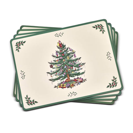 Portmeirion Christmas Tree Placemats, Set of 4 - Cork-Backed Heat Resistant Placemats for Dining Table - Hard Board with Christmas Tree Design, Stain Resistant and Durable (15.7" x 11.7") Portmeirion