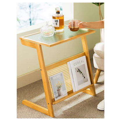 Rattan Side Table, Baho Nightstand, Modern End Table, Glass Bedside Table, Bamboo Coffee Table with Storage Shelf for Living Room Bedroom, Natural - WoodArtSupply