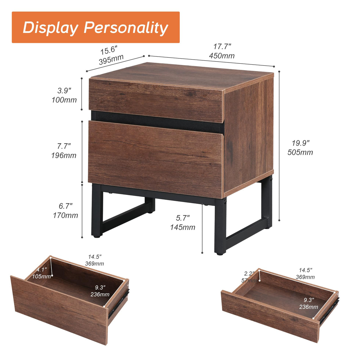 WAMPAT Nightstand with 2 Drawers for Bedroom, Modern Bedside Table with Black Square Iron Leg, Wood Rustic Side End Table for Living Room,Brwon WAMPAT