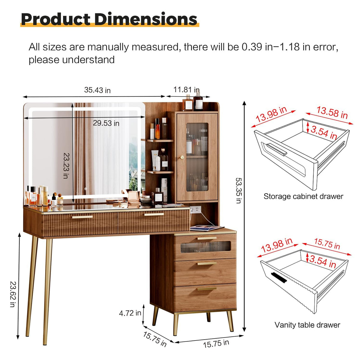 Vanity Desk with 29.53" HD Lighted Mirror, 47.24" Big Modern Vanity Desk with Mirror and Lights, Makeup Vanity with 5 Drawers and Storage Shelves and Charging Station,Brown Arulvmrn