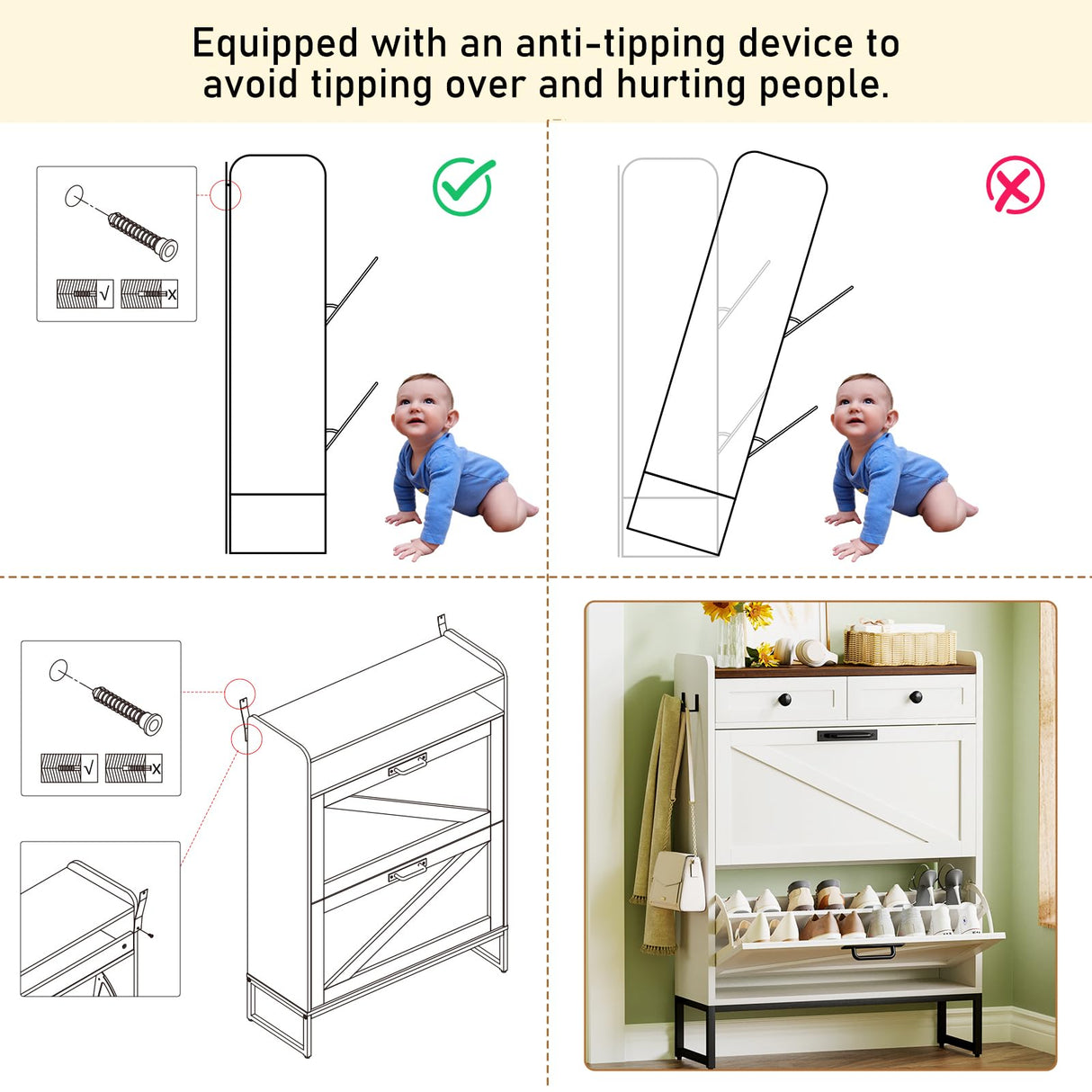 YGEOMER Shoe Cabinet Storage for Entryway, Farmhouse Shoes Organizer Rack with 2 Flip Drawers and 2 Fabric Drawers, Narrow Slim Shoe Cabinet for Door Entrance, White YGEOMER