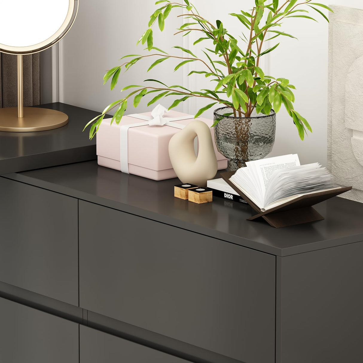 TAMUNE L-Shaped Dressing Table with 6 Drawers, Extendable Vanity Desk and Dresser Combo, Wood Vanity Dresser Makeup Desk, Wide Desktop for Bedroom Dressing Room Black (51.2”W x 47.2”D x 32.7”H) TAMUNE