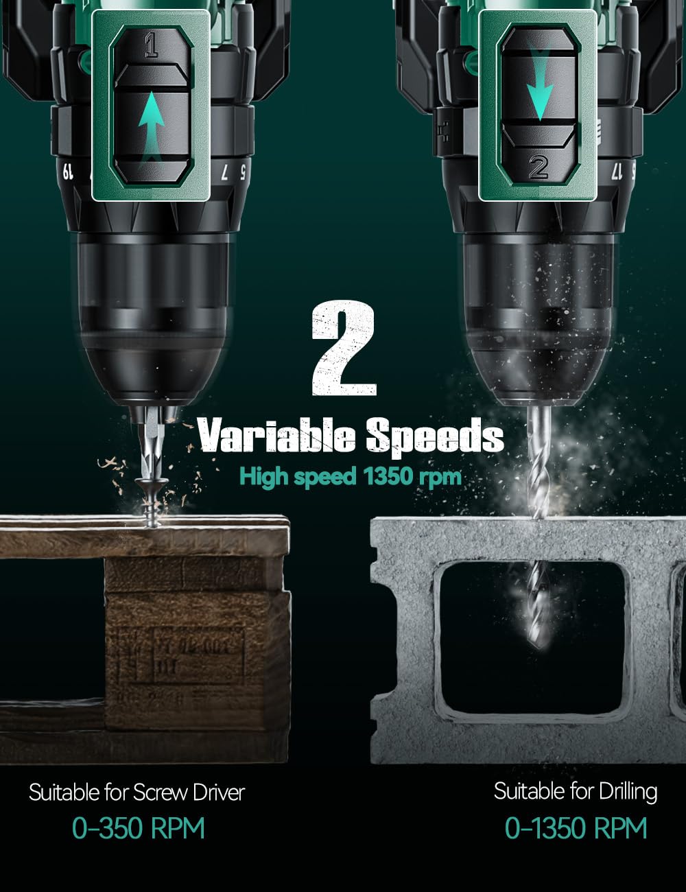 KIMO Hammer Drill - 20V 2X Battery Hammer Drill Cordless Drill Set, 3/8" Keyless Chuck, 350 In-lb Torque, 1350 RPM, 21+3 Position,14pcs Drill/Driver Bits, Power Drill Drivers for Brick Wall Concrete K I M O.