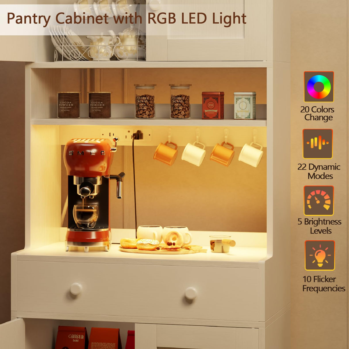 Pantry Cabinet with Power Outlet & LED Light, Tall 71 inch Kitchen Storage Shelves with Drawer, Coffee Bar Table with Doors & Adjustable Shelves, Freestanding Cupboard Bakers Rack with Hutch, White Korfile