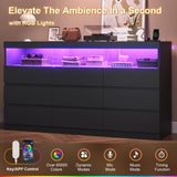 BTHFST Dresser Chest of Drawers with RGB Lights, Power Outlet & Open Shelves, 56.7" W Wood Bedroom Dresser, No-Handle Modern Dresser for Living Room Entryway, Black BTHFST