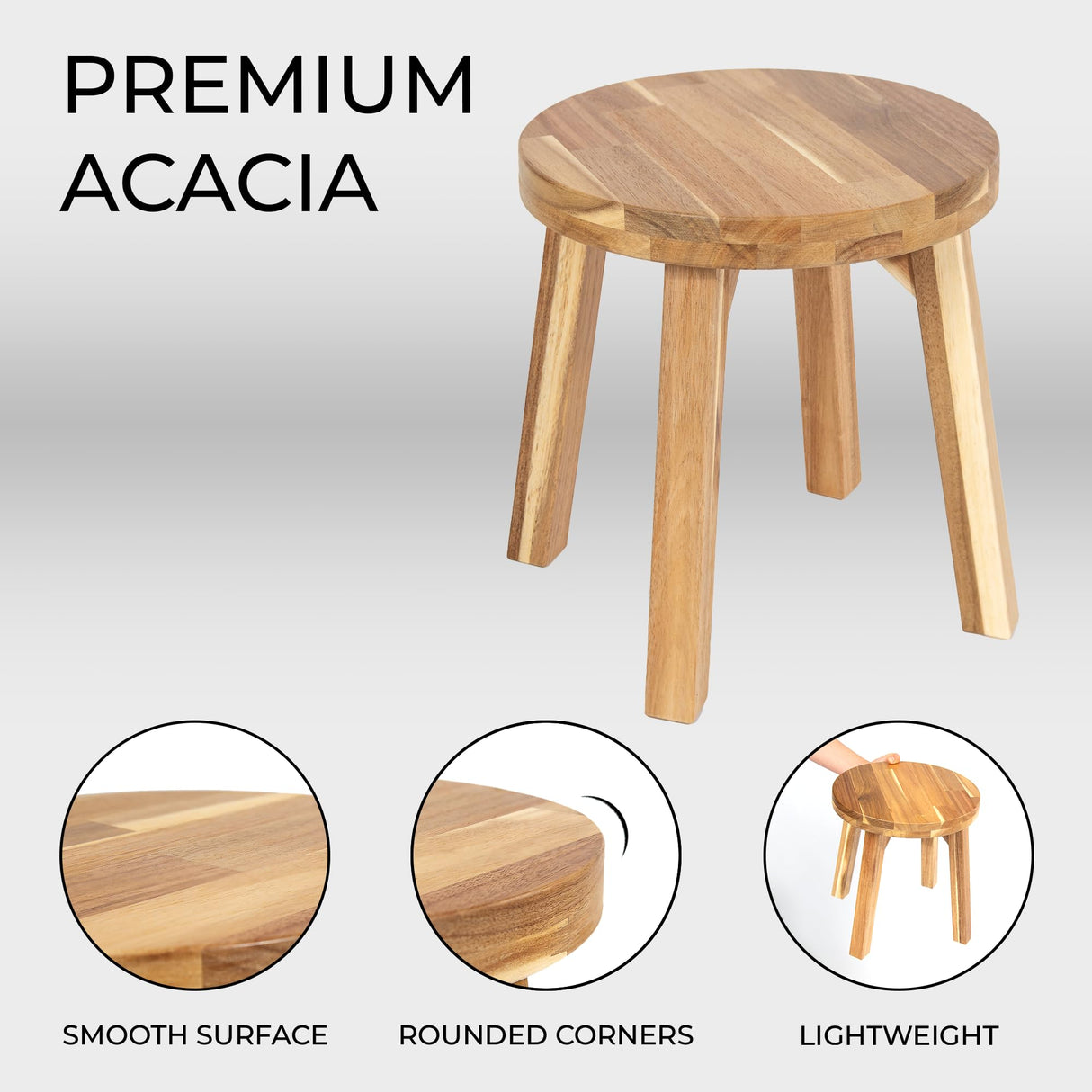 ARROWSTONE Round Stool Acacia Wood, 12" Height, 11" Round Top, Backless, Easy Assembly, Natural Wax Finish, Wooden Stool for Plant, Dining Room, Living Room, Garden, Makeup ARROWSTONE