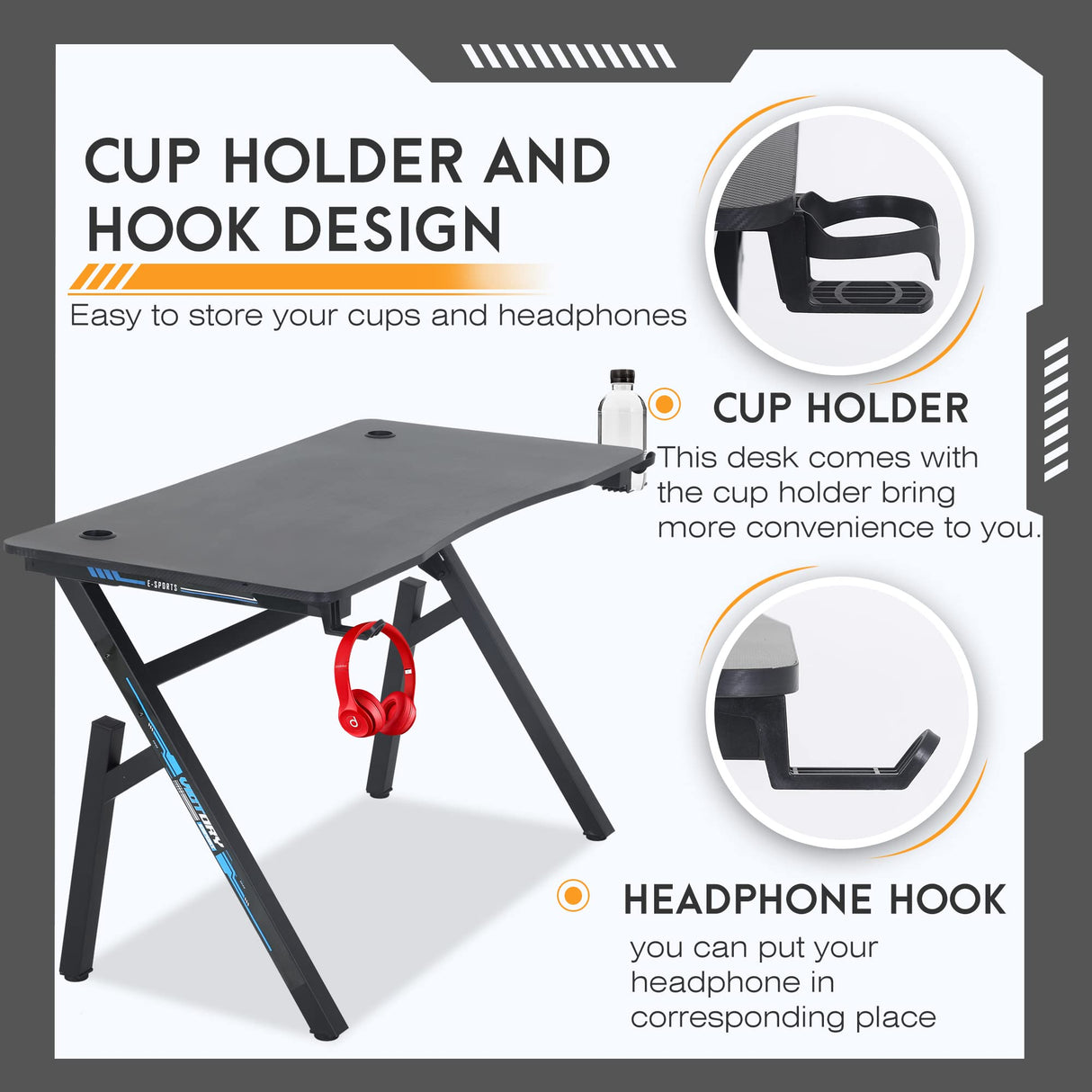 BestOffice Gaming Desk Computer Desk 47"x 23" Home Office Desk Extra Large Modern Ergonomic Black PC Carbon Fiber Table Gamer Workstation with Cup Holder Headphone Hook,Blue BestOffice