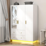 jiteentarou 3 Door Wardrobe Closet with Mirror & LED Lights, Bedroom Armoire with Drawers & Shelves, Modern Wooden Armoire Wardrobe Closet with Hanging Rod for Bedroom, White jiteentarou