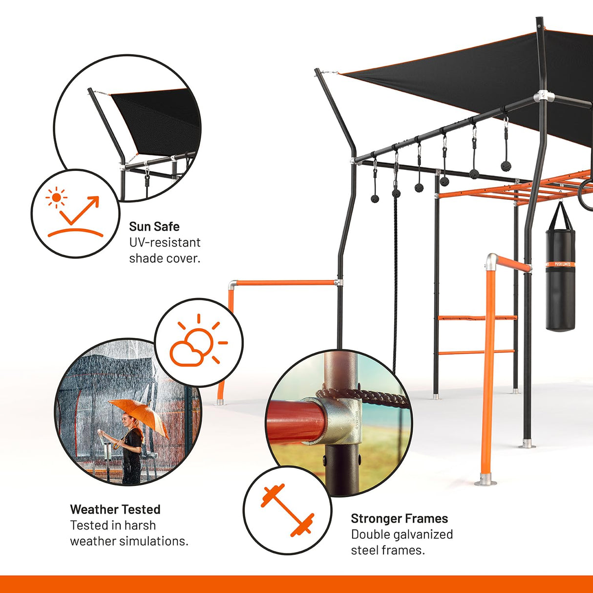 Vuly Ninja Quest Monkey Bars Extra Large Playset & Jungle Gym with Shade Cover, Cargo Net, Ninja Grips, Gym Rope, Jungle Rope, Flying Fox, Roman Rings, Boxing Bag & Punching Ball Vuly