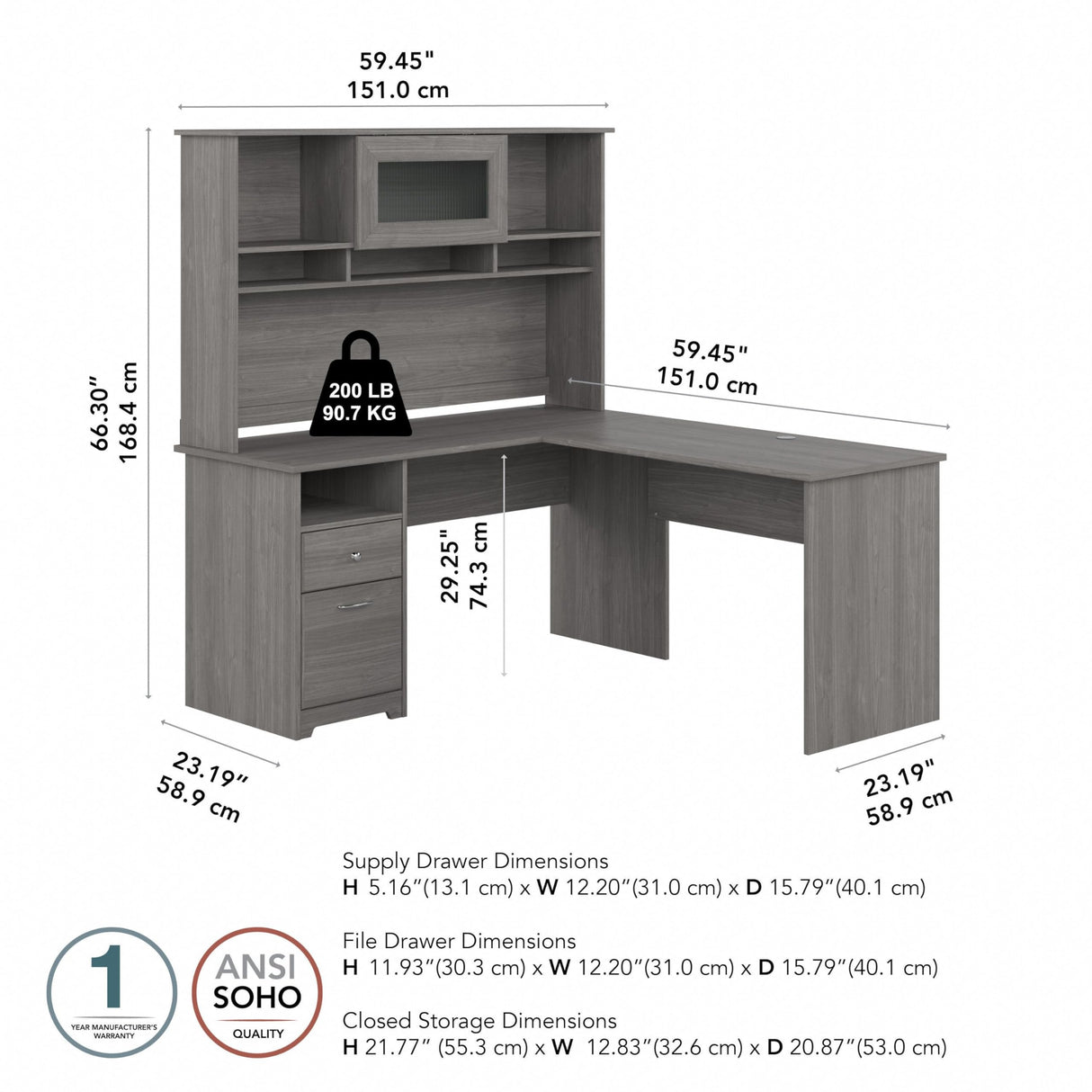 Bush Furniture Cabot 60W Single Pedestal L Desk with Hutch, Modern Gray Bush Business Furniture
