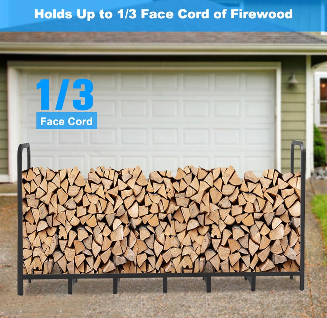 Tikimilor 8ft Firewood Rack Holder, Adjustable Heavy Duty Fire Log Stacker Stand for Fireplace，Outdoor Indoor Metal Wood Pile Storage Organizer, Patio Logs Stand tool, Black Tikimilor