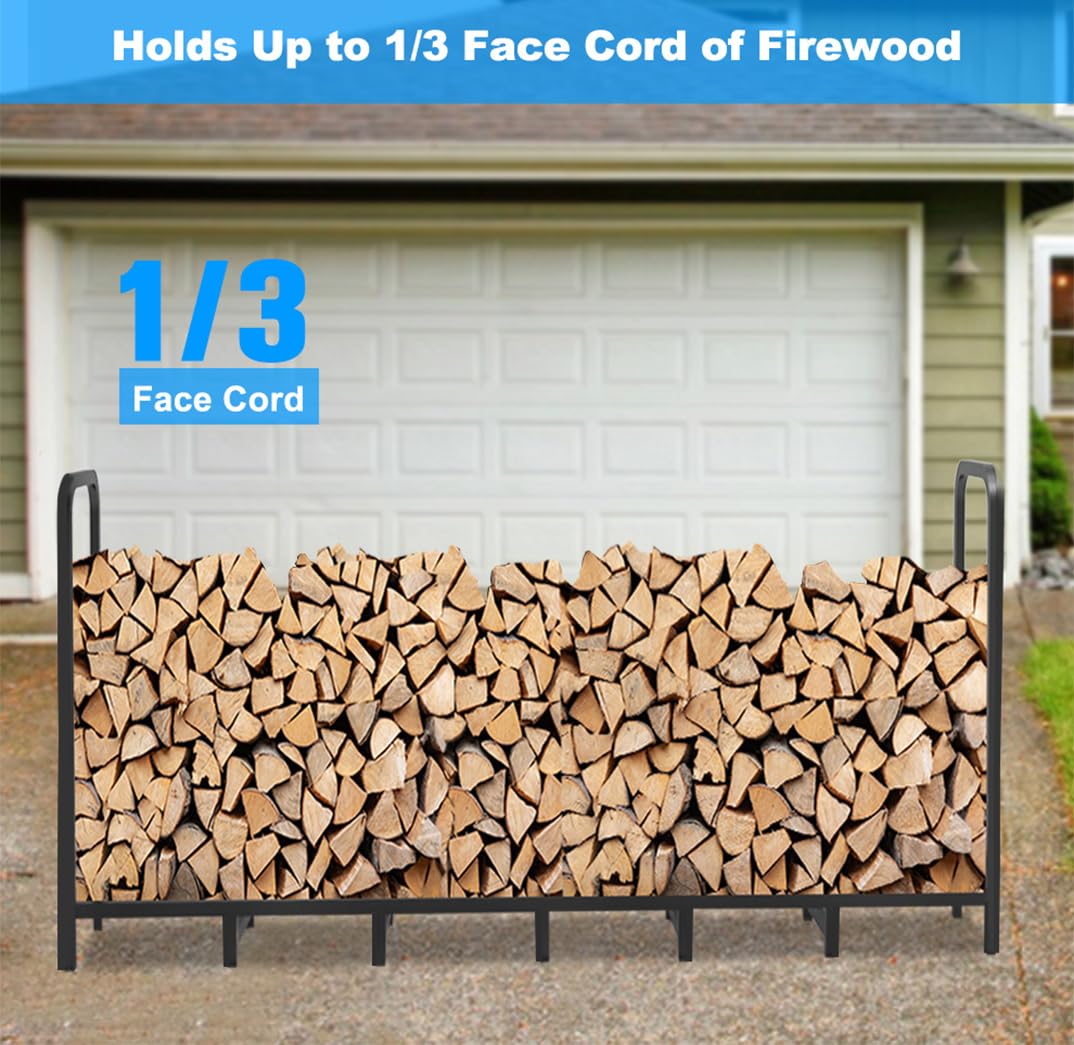 Tikimilor 8ft Firewood Rack Holder, Adjustable Heavy Duty Fire Log Stacker Stand for Fireplace，Outdoor Indoor Metal Wood Pile Storage Organizer, Patio Logs Stand tool, Black - WoodArtSupply