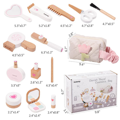 16Pcs Wooden Makeup Kit Toy for Toddlers, Pretend Play Beauty Salon Set with Styling Tools, Cosmetics and Storage Bag for Kids Age 3+ - WoodArtSupply