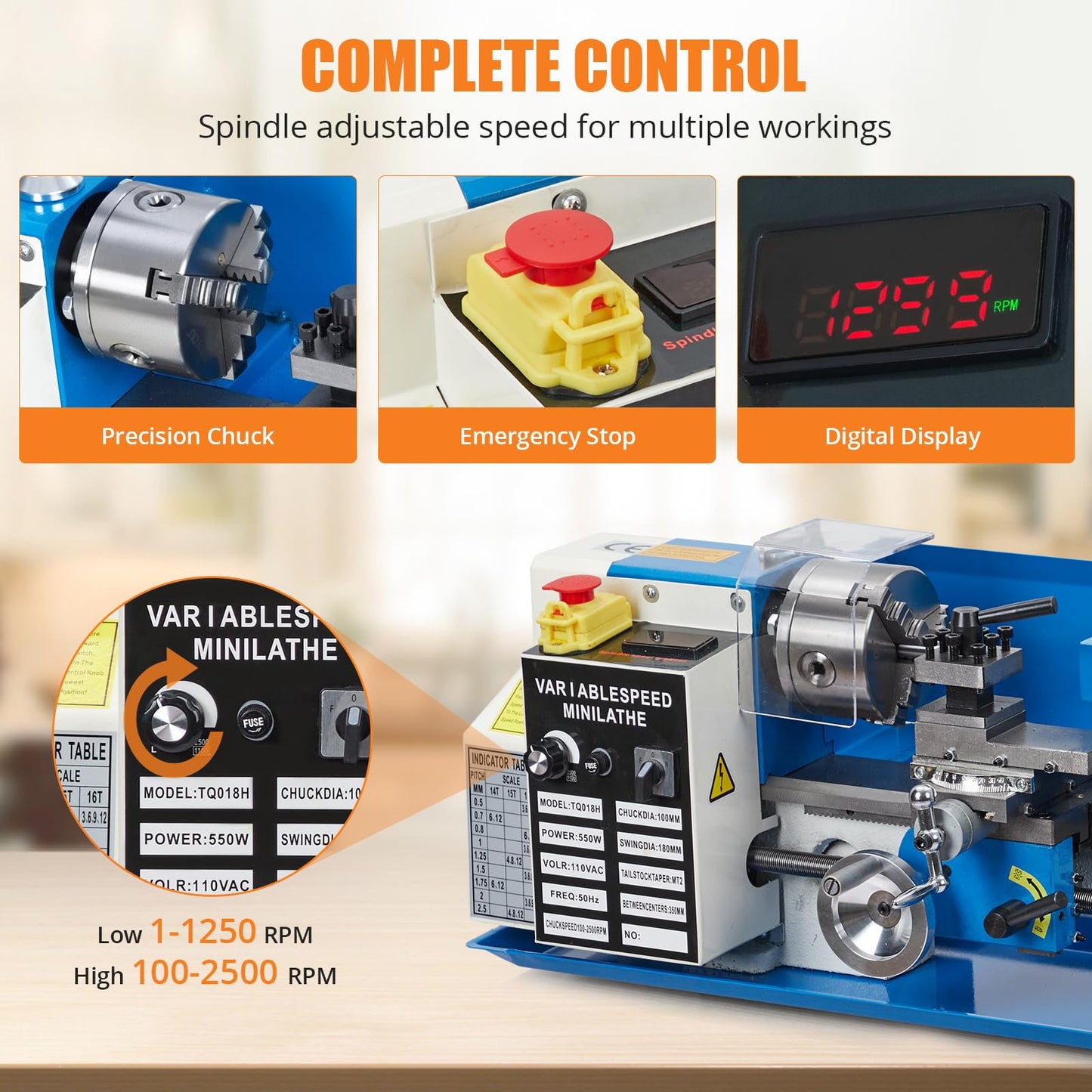 Mini Metal Lathe, 7"x14" Benchtop Lathe, 550W Variable Speed with Tool Box, A Movable Lamp and Digital Display, 2500RPM, 3-Jaw Chuck, CNC Capability for Metal Turning - WoodArtSupply