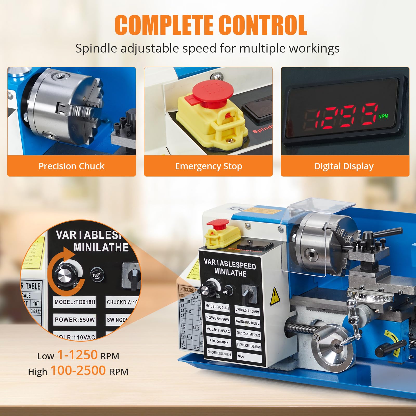 Mini Metal Lathe, 7"x14" Benchtop Lathe, 550W Variable Speed with Tool Box, A Movable Lamp and Digital Display, 2500RPM, 3-Jaw Chuck, CNC Capability for Metal Turning - WoodArtSupply
