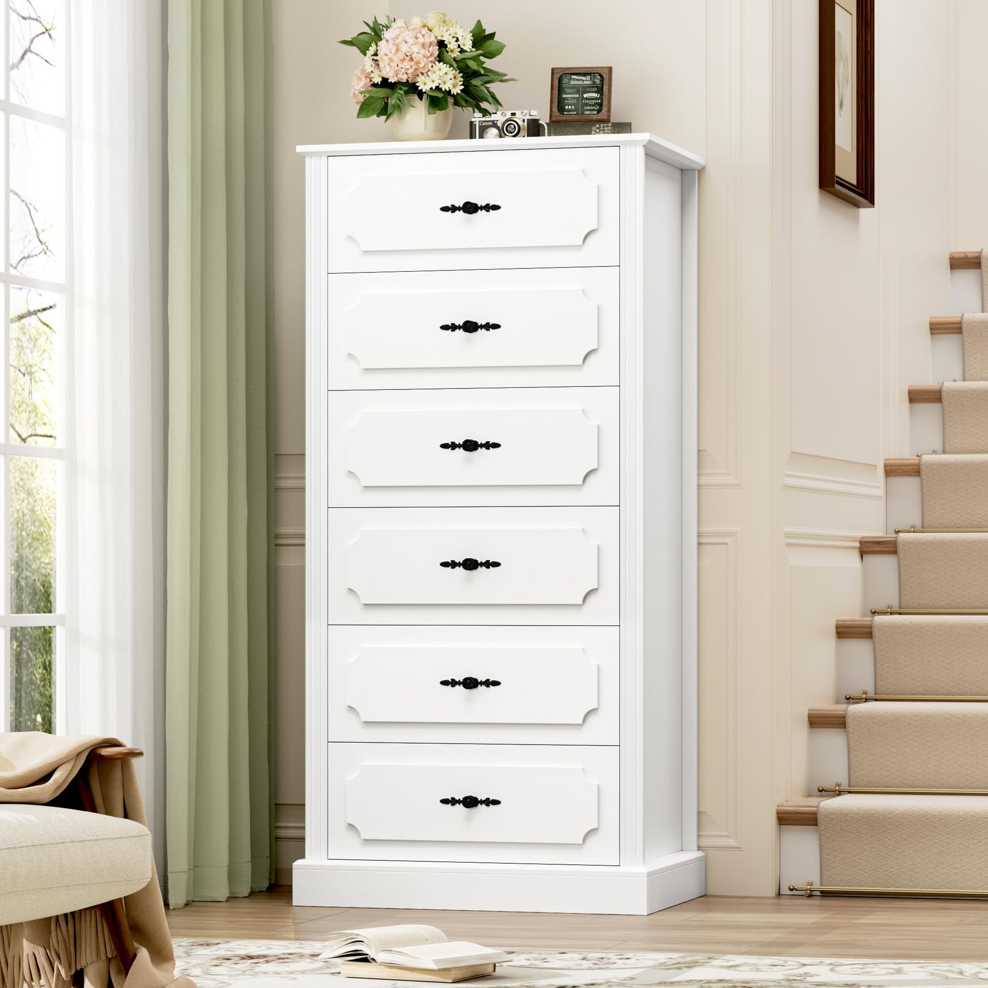 finetones 6 Drawer White Dresser, 51" Tall White Dresser Chest of Drawers, Tall Dresser White 6 Drawer Dresser with Large Storage Space, Modern Storage Chest of Drawers, Super Stable Base - WoodArtSupply